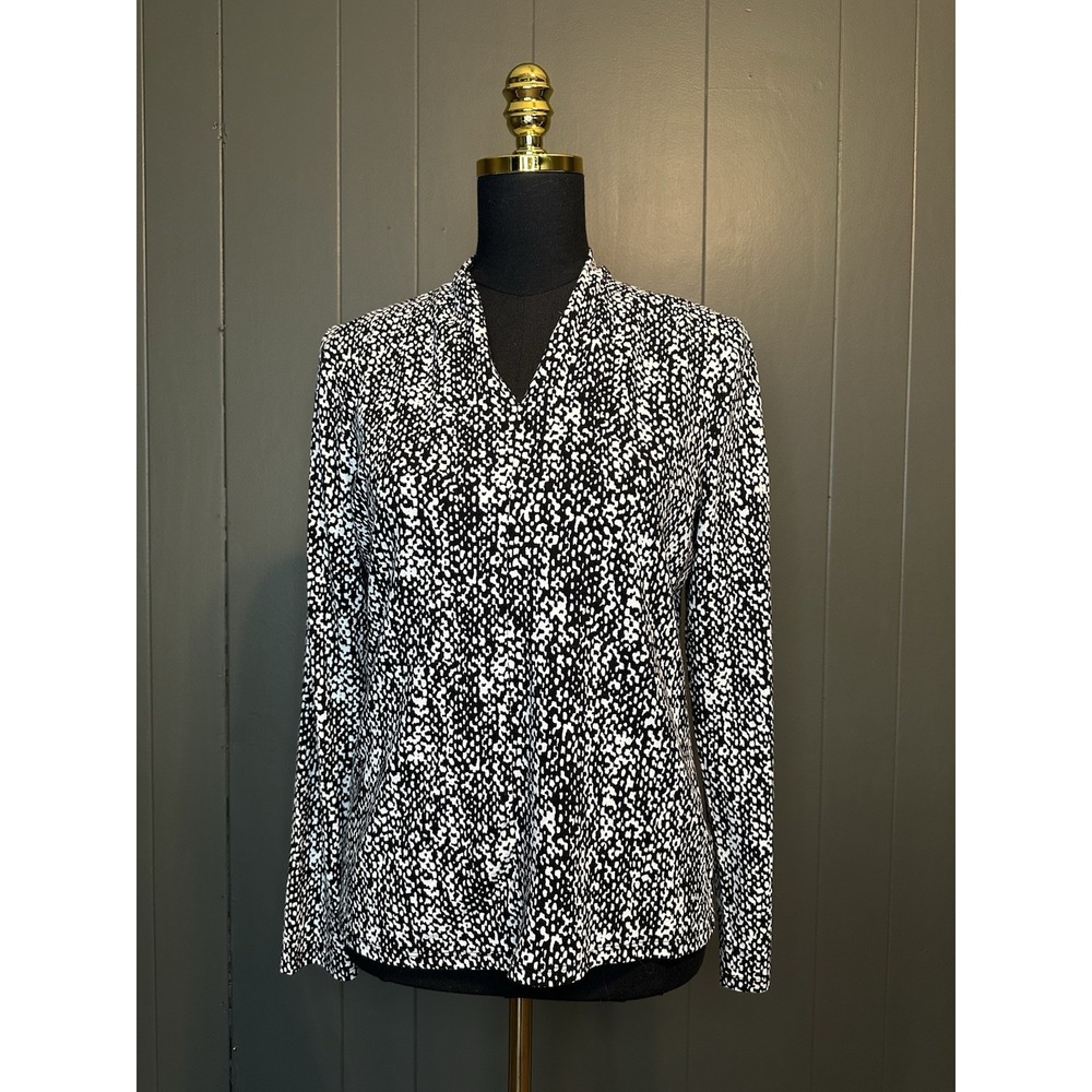 Talbots Black white V- Neck Long Sleeve‎ Top Women M Medium Office Career